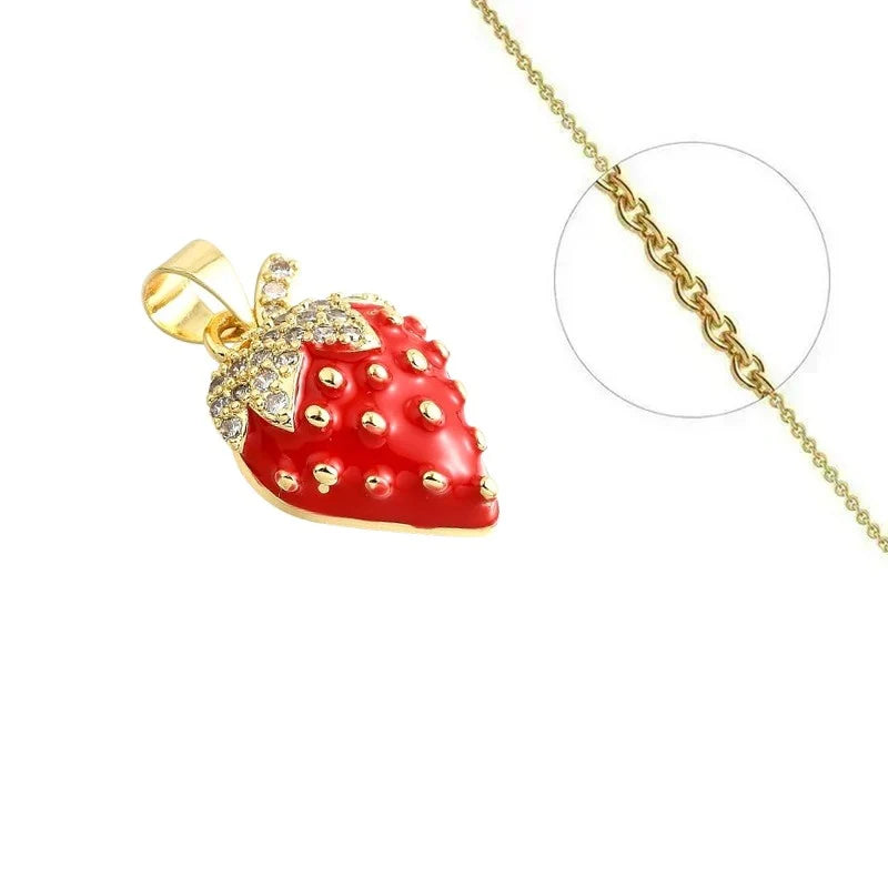 Collier Doré Pendentif Fraise Orné de Zirconiums Sertis | Chaîne 45 cm