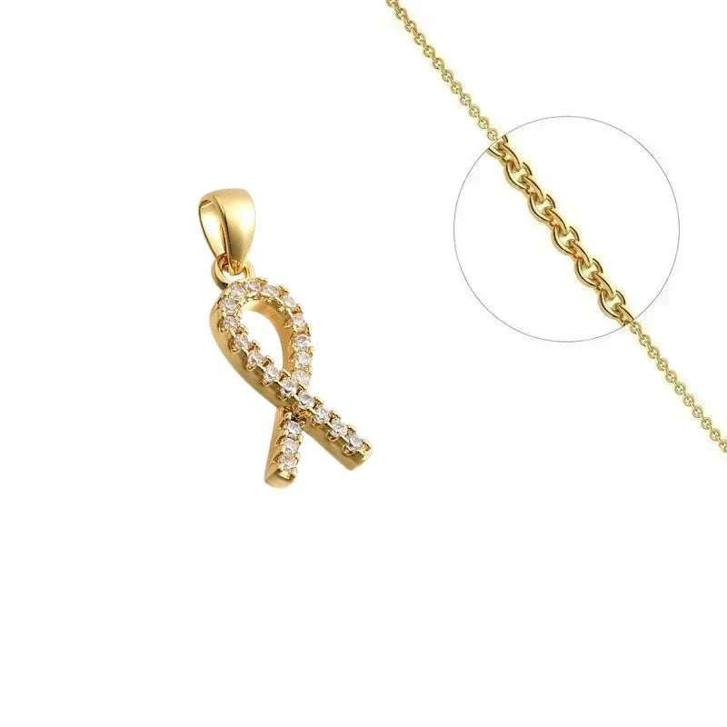 Collier Doré Pendentif Ruban Rouge Lutte contre le Sida & Zirconiums Sertis – Chaîne 45 cm Plaqué Or 1 Micron