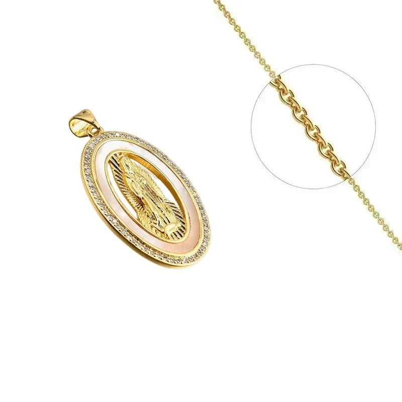 Collier Doré Pendentif Vierge Marie Nacre & Zirconiums Sertis – Chaîne 45 cm Plaqué Or 1 Micron