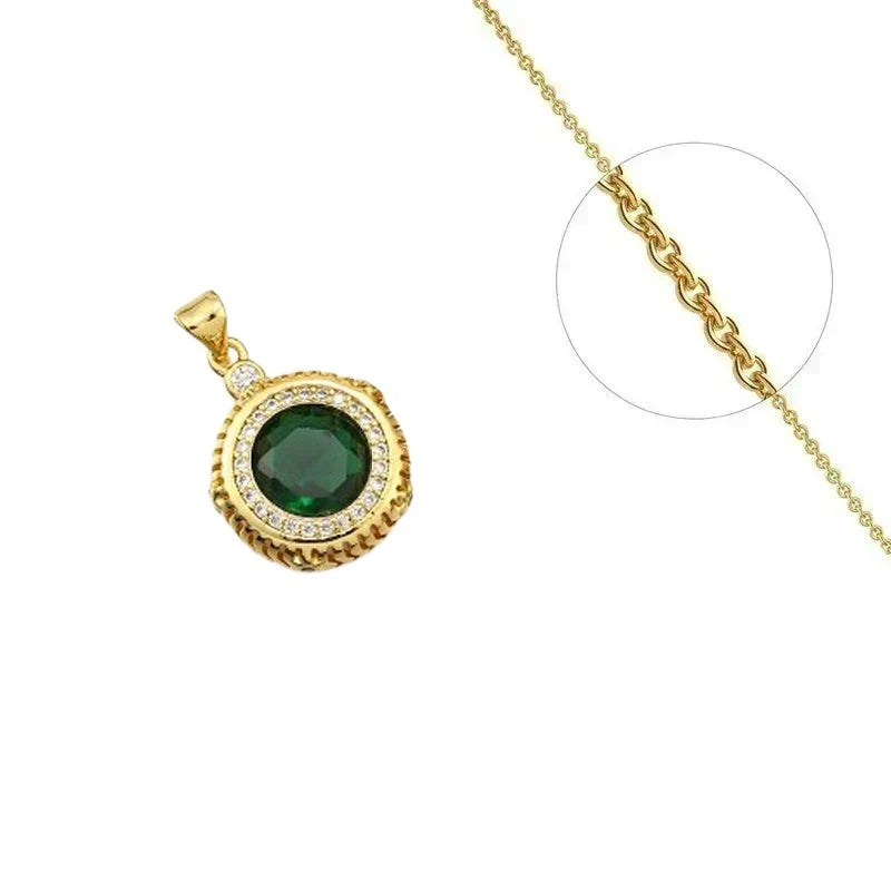 Collier Doré Pendentif Rosace Verte Orné de Zirconiums Sertis | Chaîne 45 cm