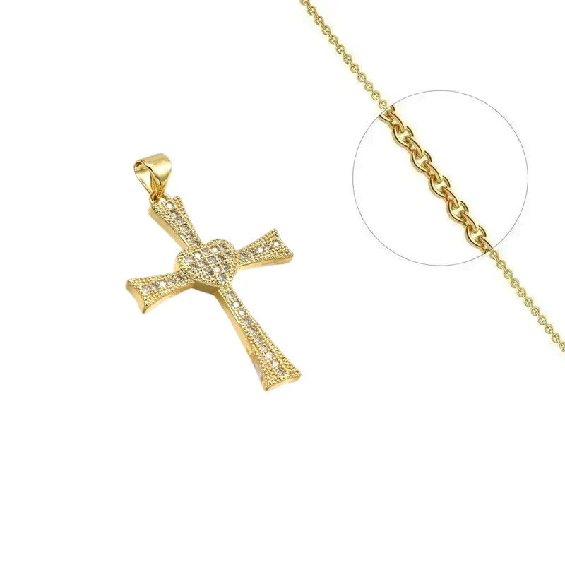 Collier Doré Pendentif Croix avec Cœur & Zirconiums Sertis – Chaîne 45 cm Plaqué Or 1 Micron