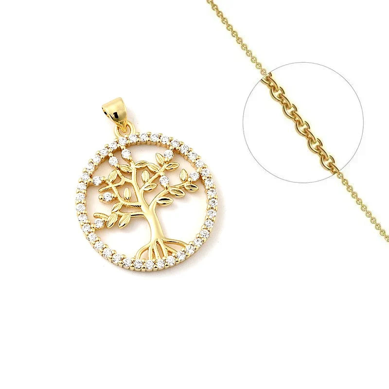 Collier Doré Arbre de Vie Zircone Blanche – Pendentif Étincelant | Bijou Prestige