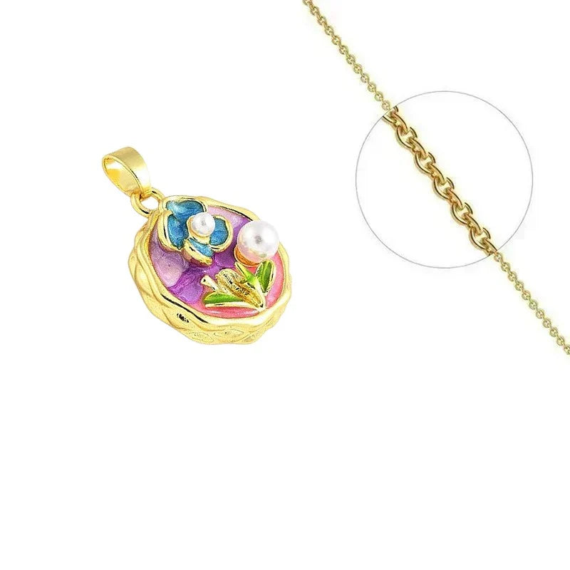 Collier Doré Pendentif Floral Émail Zirconiums Sertis – Plaqué Or 1 Micron