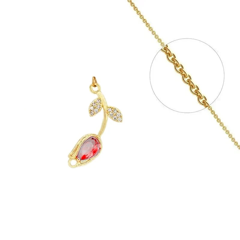 Collier Chaîne Pendentif Fleur Zirconiums Sertis Rouge - Doré | Passion & Éclat