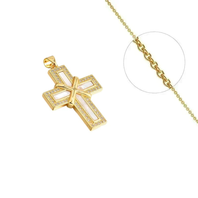 Collier Doré Pendentif Croix Religieuse Nacre & Zirconiums Sertis – Chaîne 45 cm Plaqué Or 1 Micron