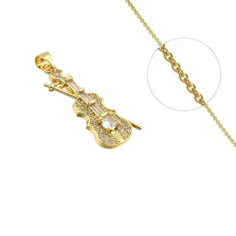🎻 Collier Doré Pendentif Violon Zirconiums Blancs Sertis | Chaîne 45cm | Plaqué Or 1 Micron