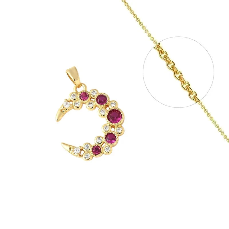 Collier Pendentif Lune Rouge Zirconiums Sertis – Plaqué Or 1 Micron