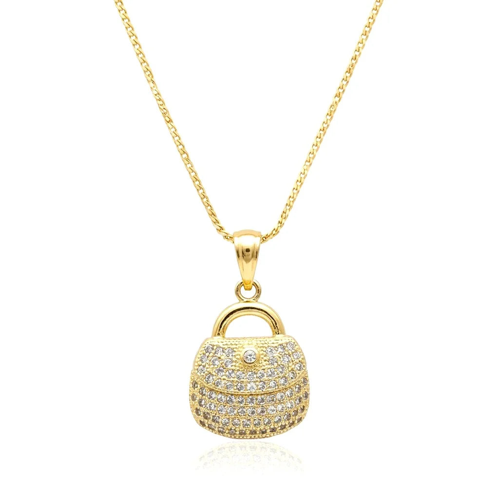 Collier Pendentif Sac à Main Serti de Zirconiums Étincelants Doré – Plaqué Or 1 Micron