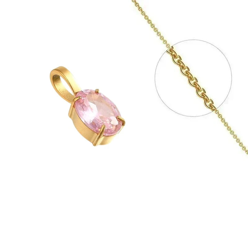 Collier Doré Pendentif Solitaire Zirconium Rose Serti | Chaîne 45 cm