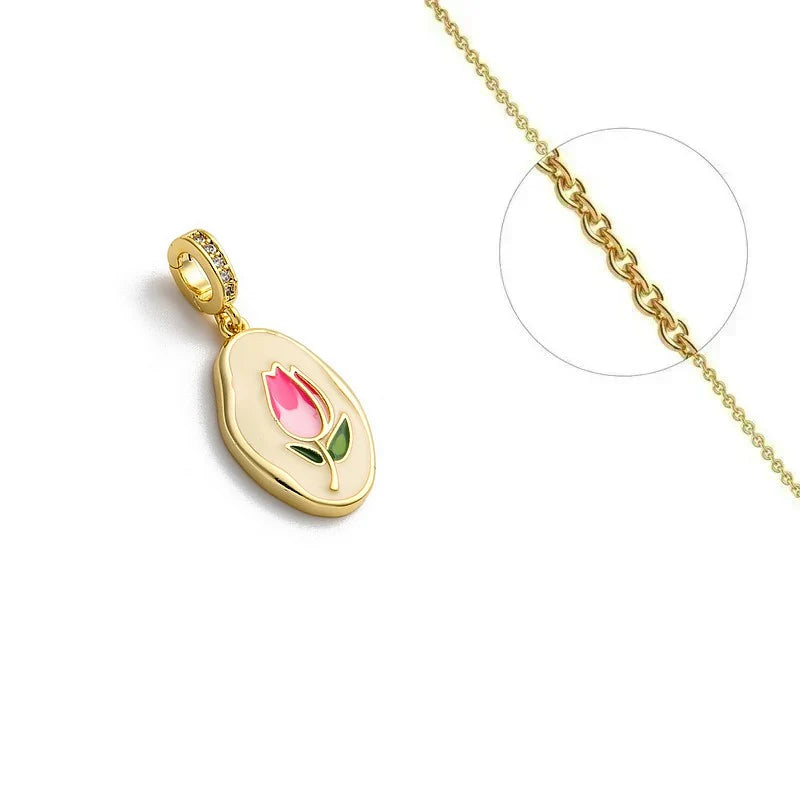 Collier Doré Pendentif Fleur Émail Multicolore Zirconiums – Format Slim 32mm | Bijou Quotidien