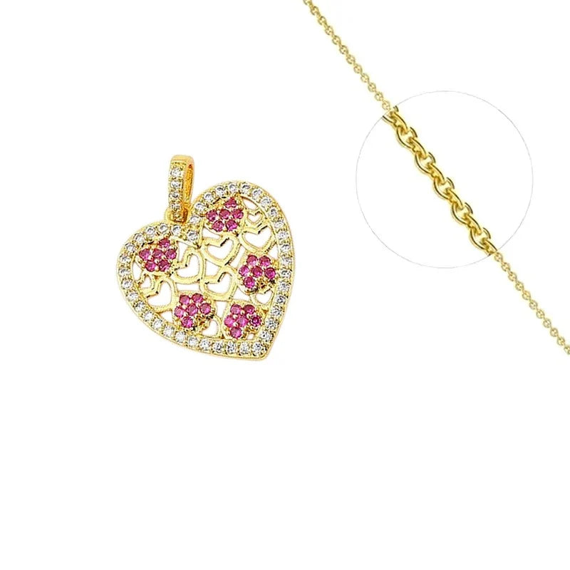 Collier Pendentif Cœur Zirconiums Fushia Sertis Doré – Plaqué Or 1 Micron | Bijou Femme