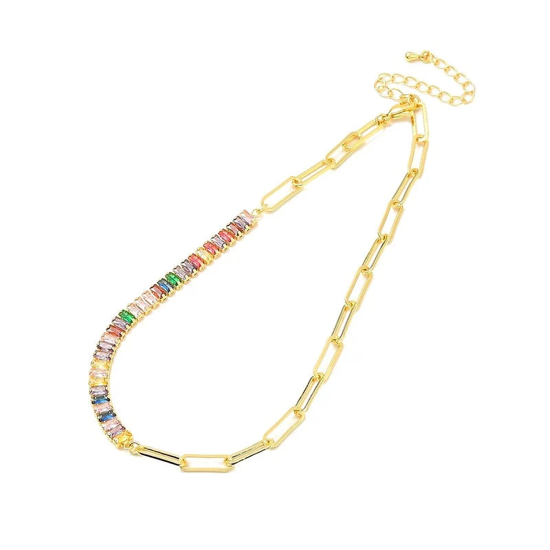 Collier Chaîne Trombone Zirconiums Colorés Plaqué 18K - Doré | Glamour & Luxe