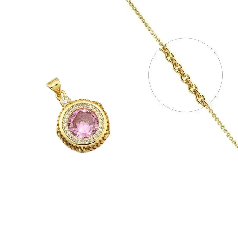 Collier Doré Pendentif Rosace Rose & Zirconiums Sertis – Chaîne 45 cm Plaqué Or 1 Micron