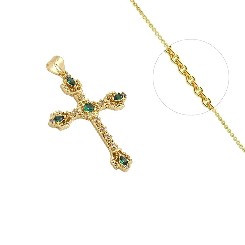 Collier Pendentif Croix Verte Zirconiums Sertis – Plaqué Or 1 Micron