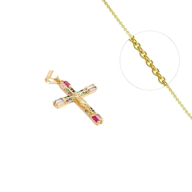 Collier Croix Zirconiums Colorés Sertis – Plaqué Or 1 Micron