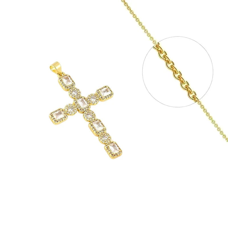 Collier Pendentif Croix Zirconiums Sertis Grand Format – Plaqué Or 1 Micron