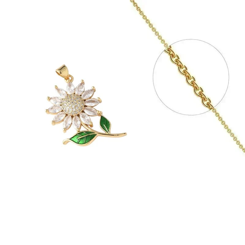 Collier Doré Pendentif Fleur Émail Multicolore Zirconiums – Chaîne 45 cm | Bijou Fantaisie