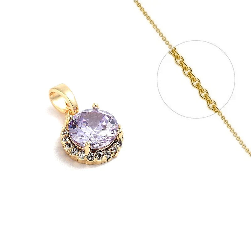 Collier Pendentif Oxyde Mauve Serti de Zirconiums Doré – Plaqué Or 1 Micron