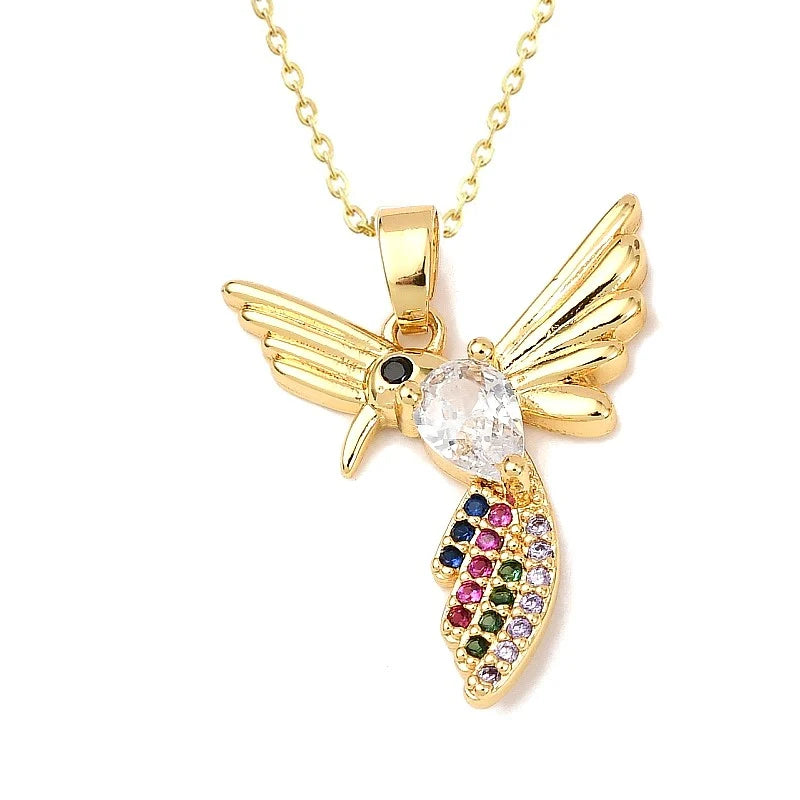 Collier Pendentif Petit Oiseau Zirconiums Multicolores Doré – Plaqué Or 1 Micron