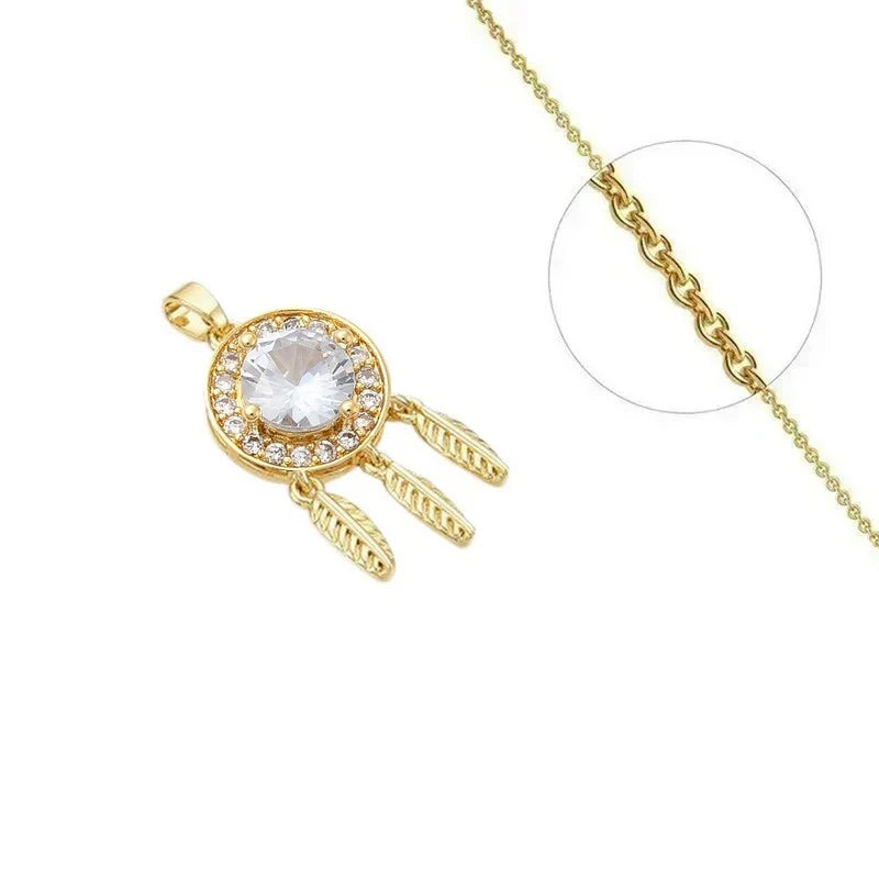 Collier Pendentif Attrape-Rêves Zirconiums Blancs Sertis Doré – Plaqué Or 1 Micron
