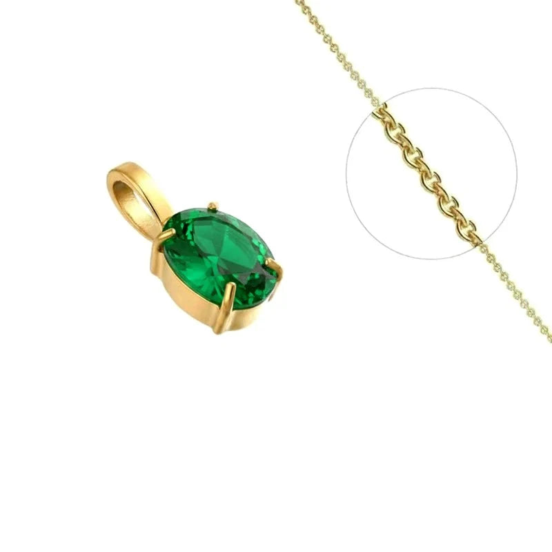Collier Pendentif Solitaire Zirconium Vert Émeraude Serti Doré – Plaqué Or 1 Micron