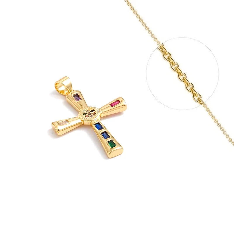 Collier Pendentif Croix Oxydes Zirconium Multicolores Doré – Plaqué Or 1 Micron