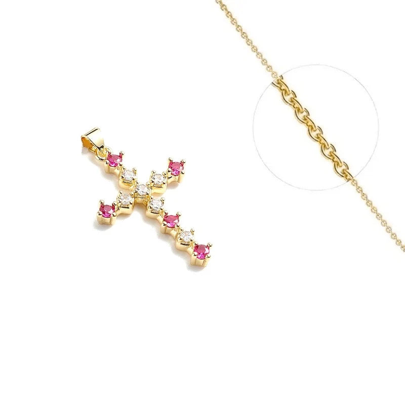 Collier Pendentif Croix Oxydes Zirconium Rouge & Blanc Doré – Plaqué Or 1 Micron