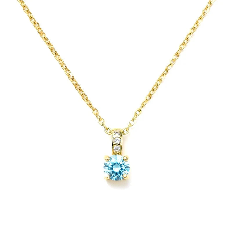 Collier Pendentif Oxyde Bleu & Zirconiums sur Bélière Dorée – Plaqué Or 1 Micron