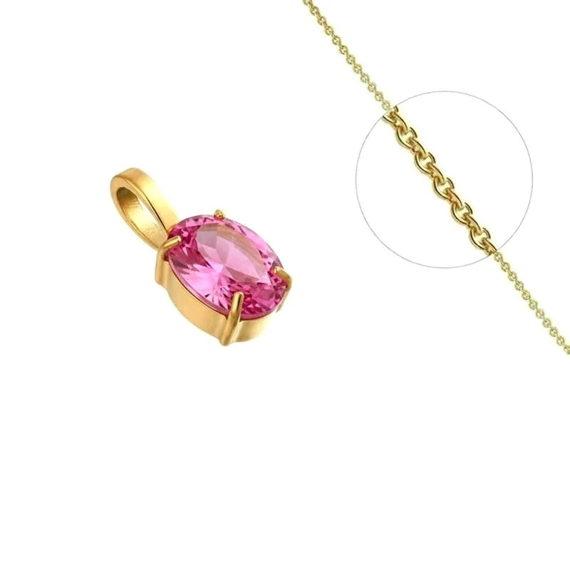 Collier Pendentif Solitaire Zirconium Rose Serti Doré – Plaqué Or 1 Micron