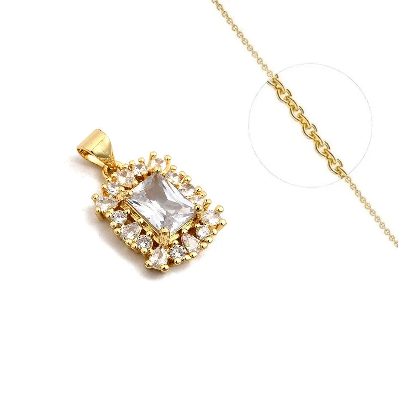 Collier Pendentif Carré Oxyde Blanc & Zirconiums Doré – Plaqué Or 1 Micron | Bijou Femme
