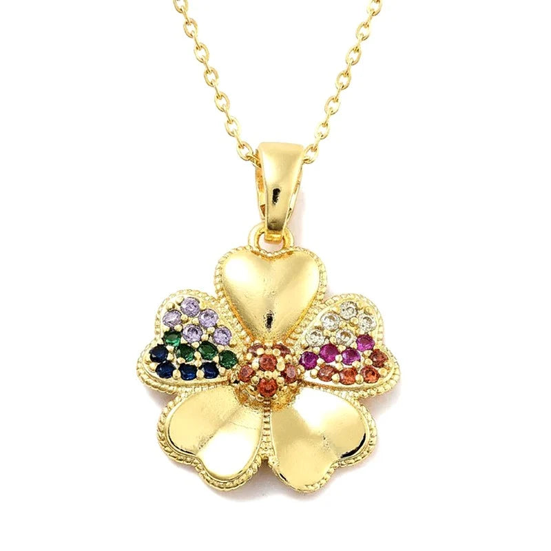Collier Pendentif Fleur Zirconiums Multicolores Doré – Plaqué Or 1 Micron
