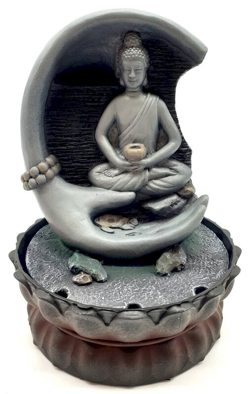 Fontaine Bouddha Méditation sur Main Résine 29cm – LED & Pompe | Zen Feng Shui