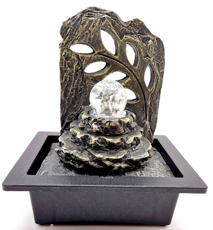 Fontaine Méditation Feuille Résine 29cm – Boule de Cristal & Pompe | Zen Nature Feng Shui