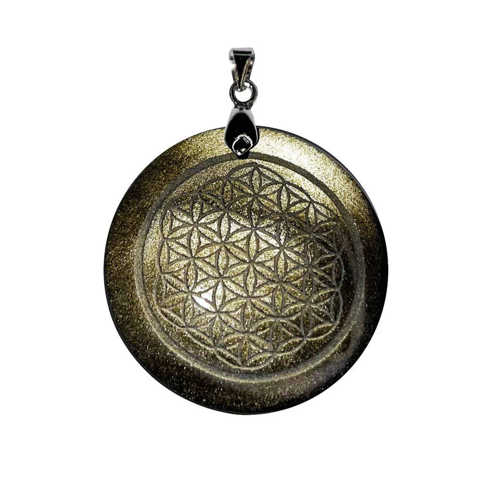 Pendentif Obsidienne Dorée Fleur de Vie - Rond | Pierre Protectrice