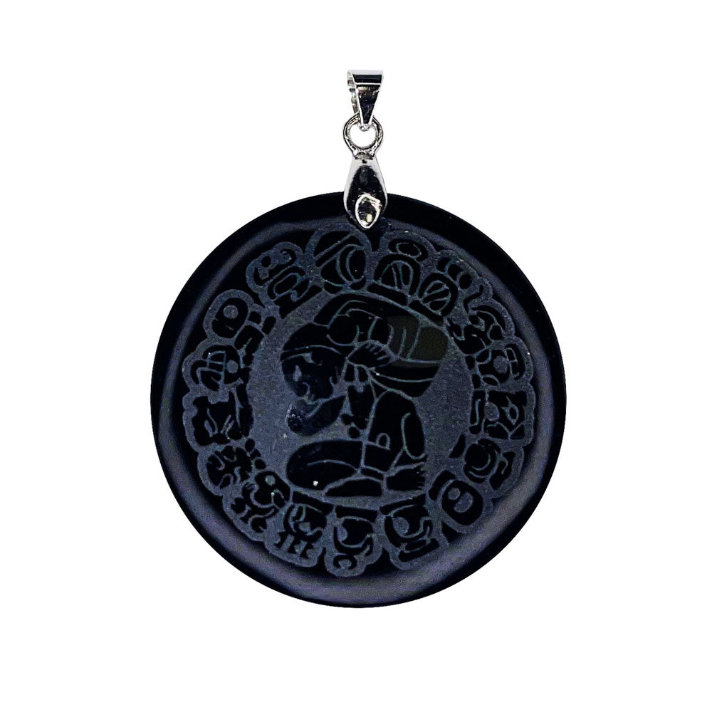 Pendentif Obsidienne Noire Calendrier Maya - Rond | Sérénité & Protection