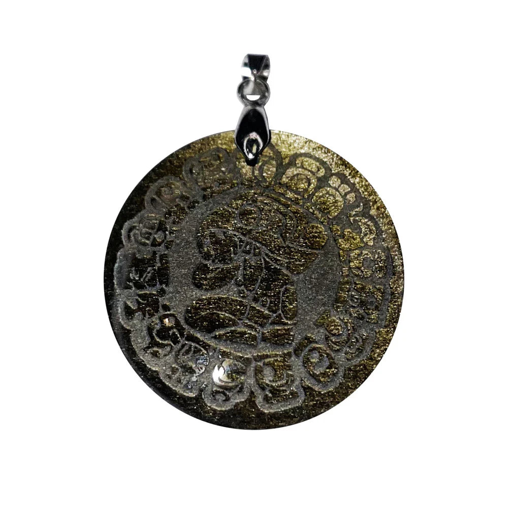 Pendentif Obsidienne Dorée Calendrier Maya - Rond | Harmonie & Vitalité