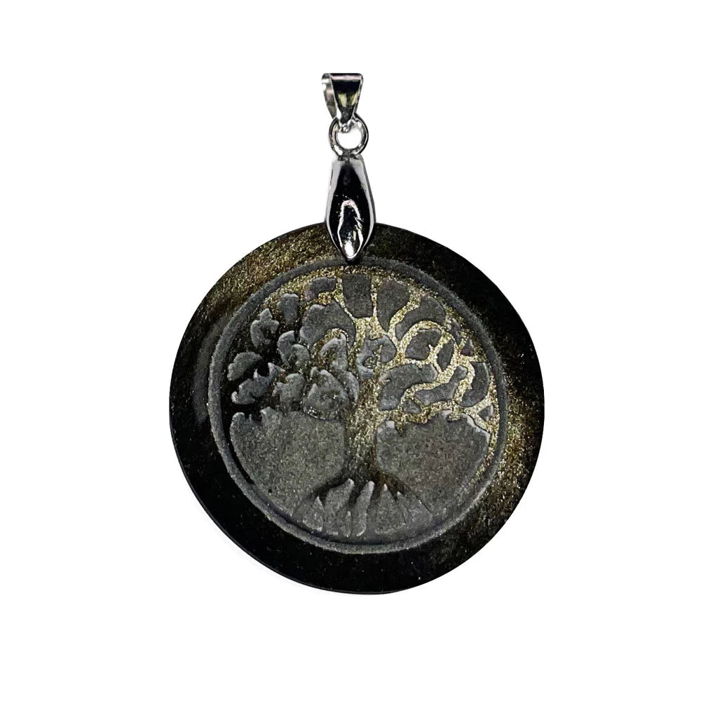 Pendentif Obsidienne Dorée Arbre de Vie - Rond | Équilibre & Sagesse
