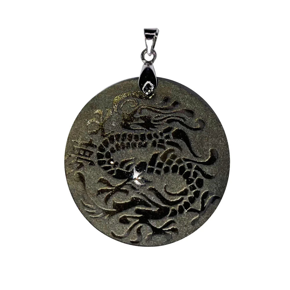 Pendentif Obsidienne Dorée Dragon - Rond | Clairvoyance & Protection