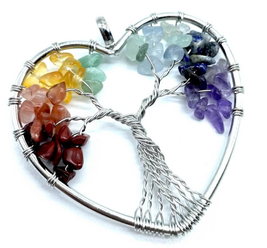 ✨ Pendentif Arbre de Vie 7 Chakras Cœur 3cm – Plaqué Argent | Amour & Équilibre