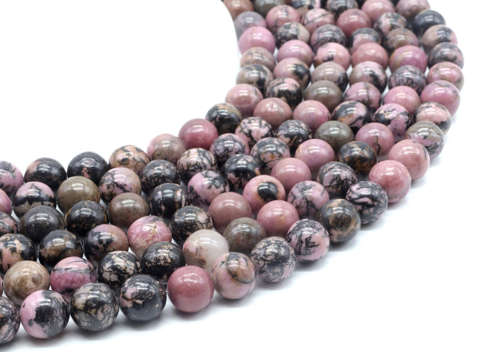 Perles 'Black Line' Rhodonite 10mm sur fil 38cm