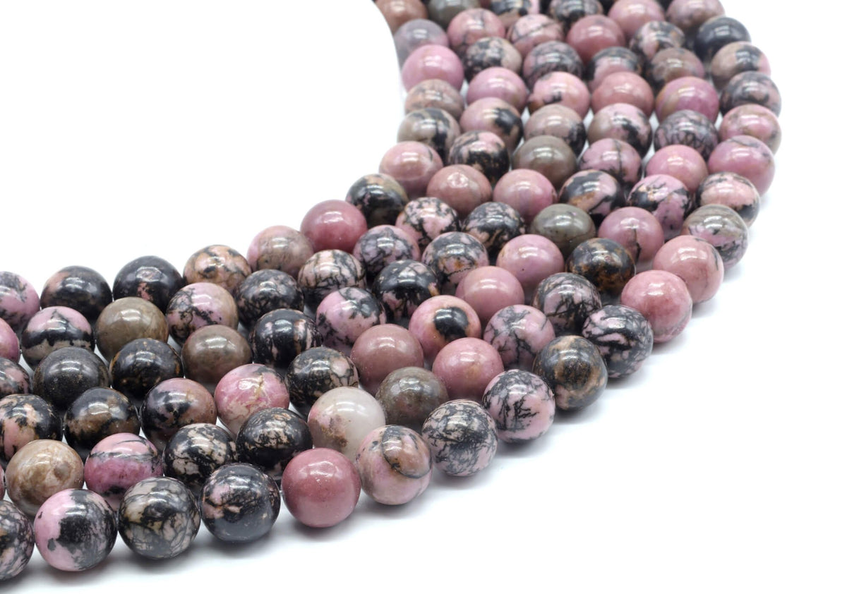 Perles 'Black Line' Rhodonite 10mm sur fil 38cm