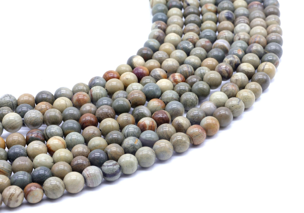 Perles Jaspe Feuille d'Argent 6mm sur fil 38cm