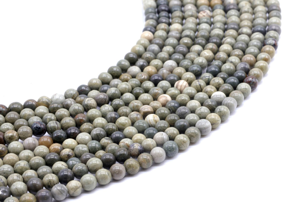 Perles Jaspe Feuille d'Argent 4mm sur fil 38cm