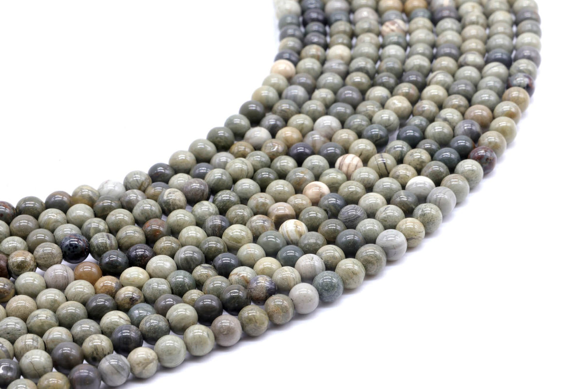 Perles Jaspe Feuille d'Argent 4mm sur fil 38cm