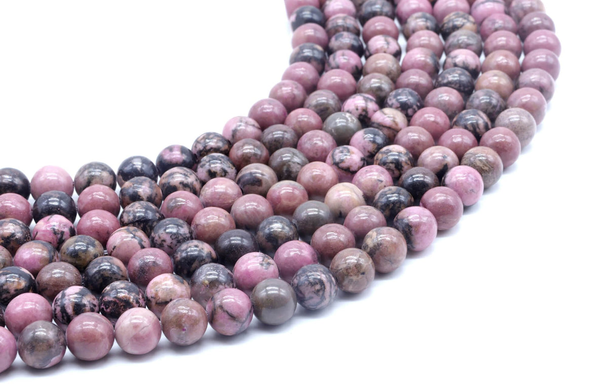 Perles 'Black Line' Rhodonite 8mm sur fil 38cm