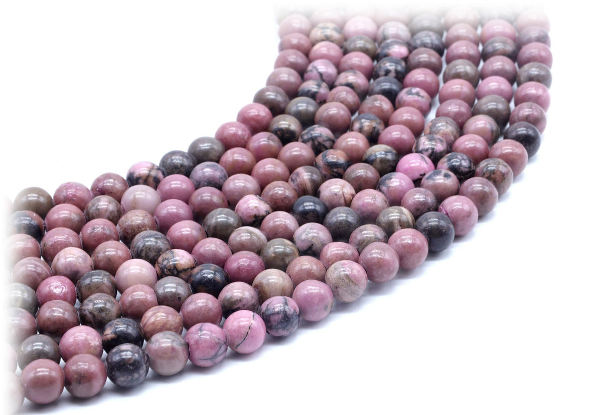 Perles 'Black Line' Rhodonite 6mm sur fil 38cm