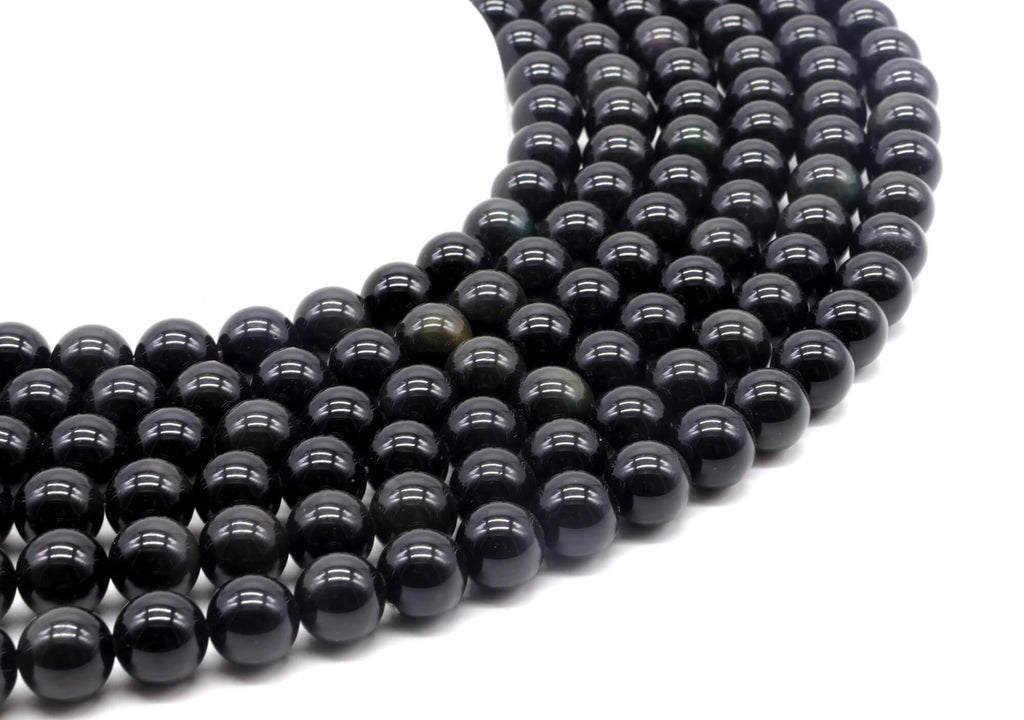 Perles Obsidienne Noire Dorée 10mm sur fil 38cm
