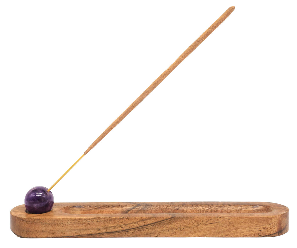 Porte-Encens Ski Bois d’Acacia & Améthyste Percée – Bâtonnets d’Encens 21 cm