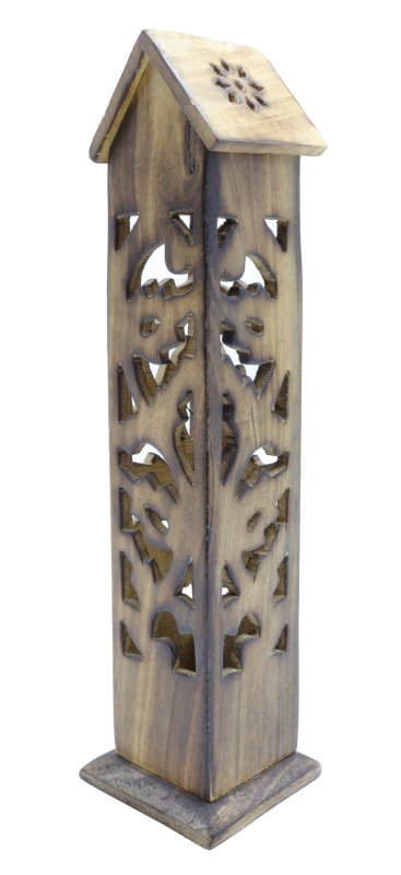 Porte-Encens Bois Tour Niche 30cm | Support Bâtonnets Artisanal & Sanctuaire Miniature