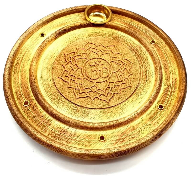 Porte-Encens Rond en Bois Symbole OM & Chakra – Bâtonnets & Cônes 10 cm